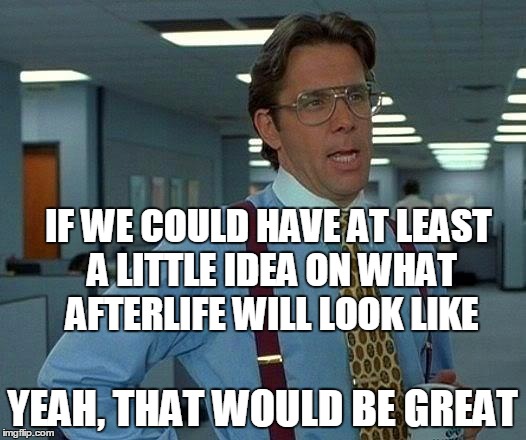 That Would Be Great Meme | IF WE COULD HAVE AT LEAST A LITTLE IDEA ON WHAT AFTERLIFE WILL LOOK LIKE; YEAH, THAT WOULD BE GREAT | image tagged in memes,that would be great | made w/ Imgflip meme maker
