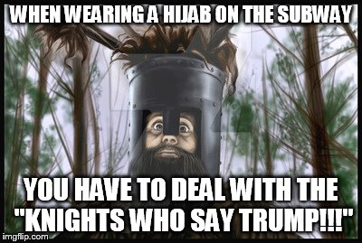 WHEN WEARING A HIJAB ON THE SUBWAY; YOU HAVE TO DEAL WITH THE "KNIGHTS WHO SAY TRUMP!!!" | image tagged in subway | made w/ Imgflip meme maker
