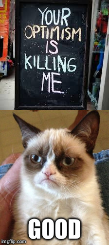 Now, I hear you all saying "FOX, Grumpy Cat is NEVER optimistic!" But the cat is always optimistic that you will die.  | GOOD | image tagged in grumpy cat | made w/ Imgflip meme maker