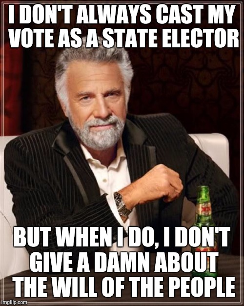 The Most Interesting Man In The World Meme | I DON'T ALWAYS CAST MY VOTE AS A STATE ELECTOR; BUT WHEN I DO, I DON'T GIVE A DAMN ABOUT THE WILL OF THE PEOPLE | image tagged in memes,the most interesting man in the world,presidential race,trump | made w/ Imgflip meme maker