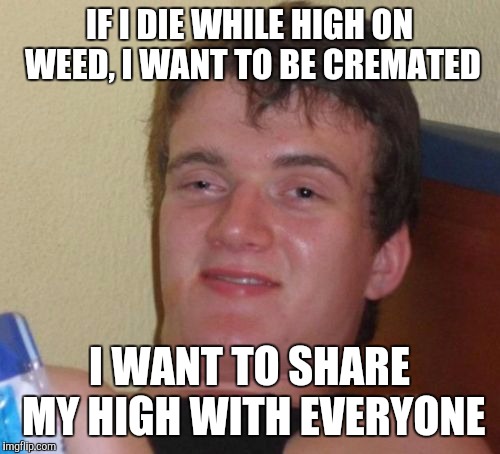 10 Guy Meme | IF I DIE WHILE HIGH ON WEED, I WANT TO BE CREMATED; I WANT TO SHARE MY HIGH WITH EVERYONE | image tagged in memes,10 guy | made w/ Imgflip meme maker