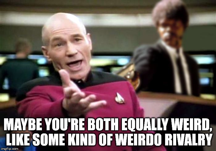 Picard Samuel L Jackson | MAYBE YOU'RE BOTH EQUALLY WEIRD, LIKE SOME KIND OF WEIRDO RIVALRY | image tagged in picard samuel l jackson | made w/ Imgflip meme maker