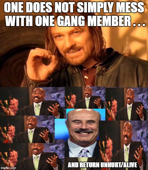 My "gang" helped me with this.  By "gang", I mean a couple of my friends doing this stupid thing to make fun of other gangs. lol | ONE DOES NOT SIMPLY MESS WITH ONE GANG MEMBER . . . AND RETURN UNHURT/ALIVE | image tagged in steve harvey,one does not simply,dr phil | made w/ Imgflip meme maker