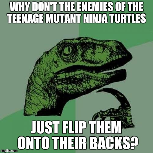 Philosoraptor | WHY DON'T THE ENEMIES OF THE TEENAGE MUTANT NINJA TURTLES; JUST FLIP THEM ONTO THEIR BACKS? | image tagged in memes,philosoraptor | made w/ Imgflip meme maker