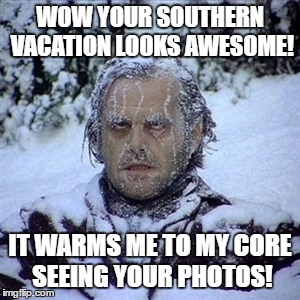 Frozen Guy | WOW YOUR SOUTHERN VACATION LOOKS AWESOME! IT WARMS ME TO MY CORE SEEING YOUR PHOTOS! | image tagged in frozen guy | made w/ Imgflip meme maker