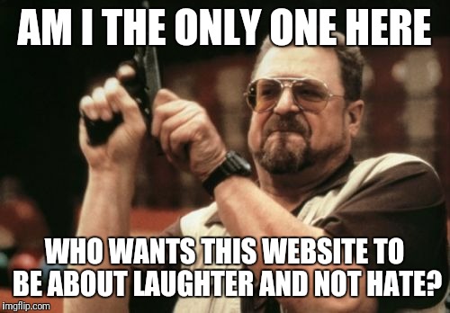 Political Memes Everywhere... | AM I THE ONLY ONE HERE; WHO WANTS THIS WEBSITE TO BE ABOUT LAUGHTER AND NOT HATE? | image tagged in memes,am i the only one around here | made w/ Imgflip meme maker