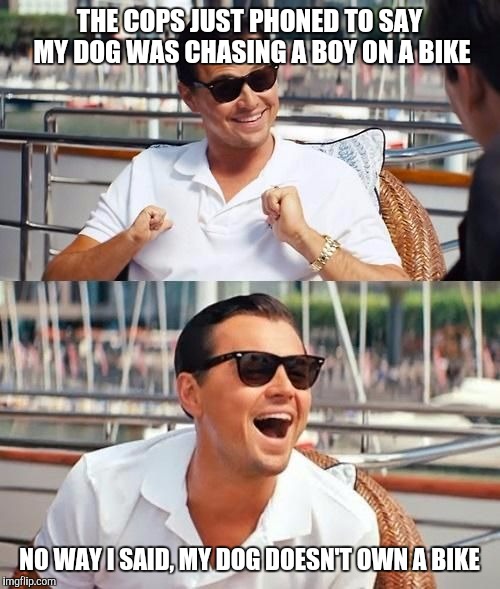 leonardo di caprio |  THE COPS JUST PHONED TO SAY MY DOG WAS CHASING A BOY ON A BIKE; NO WAY I SAID, MY DOG DOESN'T OWN A BIKE | image tagged in leonardo di caprio | made w/ Imgflip meme maker