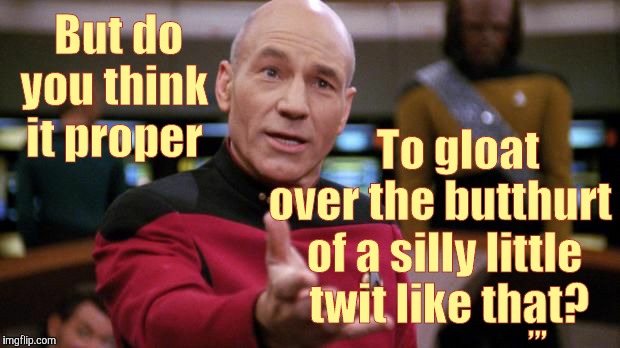 captain picard | But do you think it proper; ,,, To gloat over the butthurt  of a silly little    twit like that? | image tagged in captain picard | made w/ Imgflip meme maker