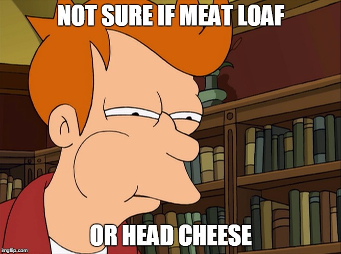 Fry Eating | NOT SURE IF MEAT LOAF; OR HEAD CHEESE | image tagged in futurama fry,meat loaf,head cheese,fry eating,weird food,food | made w/ Imgflip meme maker