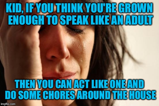 First World Problems | KID, IF YOU THINK YOU'RE GROWN ENOUGH TO SPEAK LIKE AN ADULT; THEN YOU CAN ACT LIKE ONE AND DO SOME CHORES AROUND THE HOUSE | image tagged in memes,first world problems | made w/ Imgflip meme maker