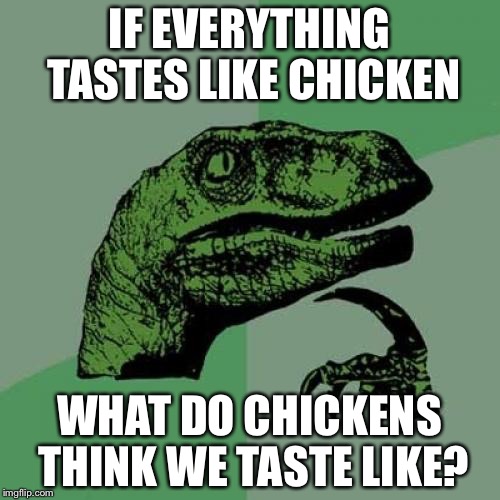Philosoraptor Meme | IF EVERYTHING TASTES LIKE CHICKEN; WHAT DO CHICKENS THINK WE TASTE LIKE? | image tagged in memes,philosoraptor | made w/ Imgflip meme maker