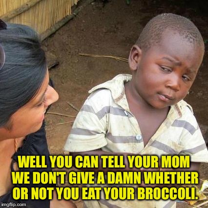 Ranchi manchi  | WELL YOU CAN TELL YOUR MOM WE DON'T GIVE A DAMN WHETHER OR NOT YOU EAT YOUR BROCCOLI. | image tagged in memes,third world skeptical kid,damn,funny memes,dank memes | made w/ Imgflip meme maker