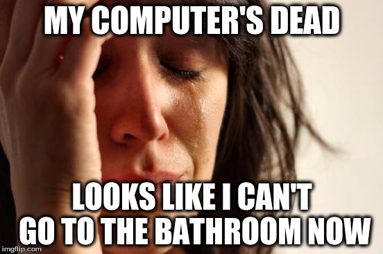 this is so me | MY COMPUTER'S DEAD; LOOKS LIKE I CAN'T GO TO THE BATHROOM NOW | image tagged in memes,first world problems | made w/ Imgflip meme maker