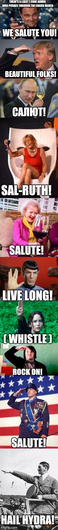 Salute! | THERE'S A LEAST 1 COOL ADMIN WHO PUSHES THROUGH THE EDGIER MEMES; WE SALUTE YOU! BEAUTIFUL FOLKS! САЛЮТ! SAL-RUTH! SALUTE! LIVE LONG! ( WHISTLE ); ROCK ON! SALUTE! HAIL HYDRA! | image tagged in memes | made w/ Imgflip meme maker