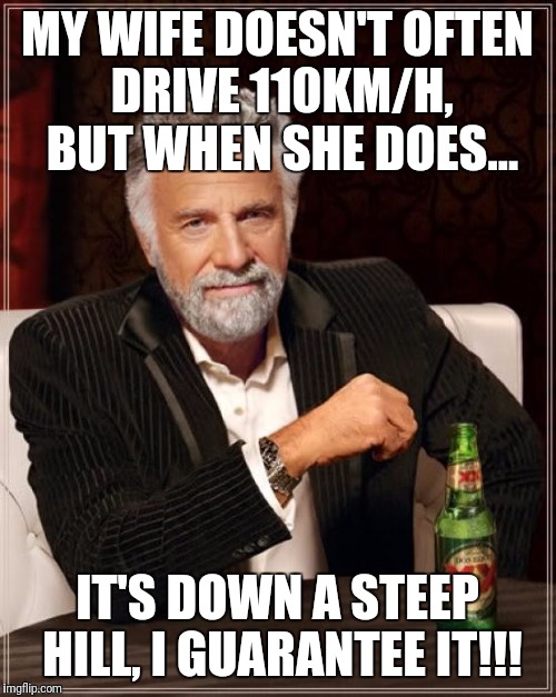 The Most Interesting Man In The World | MY WIFE DOESN'T OFTEN DRIVE 110KM/H, BUT WHEN SHE DOES... IT'S DOWN A STEEP HILL, I GUARANTEE IT!!! | image tagged in memes,the most interesting man in the world | made w/ Imgflip meme maker
