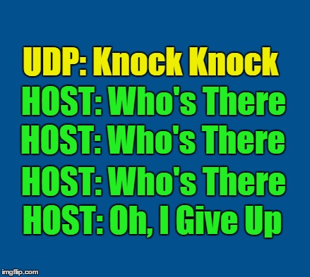 UDP Joke | UDP: Knock Knock; HOST: Who's There; HOST: Who's There; HOST: Who's There; HOST: Oh, I Give Up | image tagged in blue,udp,knock knock | made w/ Imgflip meme maker