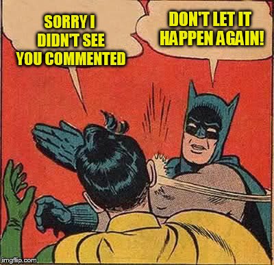 Batman Slapping Robin Meme | SORRY I DIDN'T SEE YOU COMMENTED DON'T LET IT HAPPEN AGAIN! | image tagged in memes,batman slapping robin | made w/ Imgflip meme maker