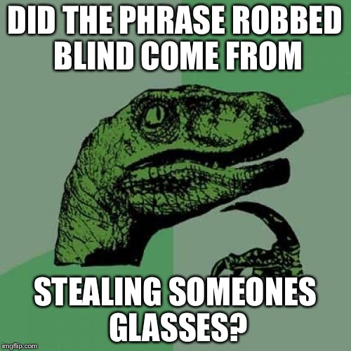 Philosoraptor Meme | DID THE PHRASE ROBBED BLIND COME FROM; STEALING SOMEONES GLASSES? | image tagged in memes,philosoraptor | made w/ Imgflip meme maker