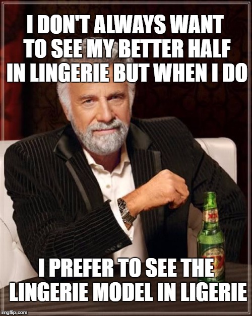 most interesting victoria's secret | I DON'T ALWAYS WANT TO SEE MY BETTER HALF IN LINGERIE BUT WHEN I DO; I PREFER TO SEE THE LINGERIE MODEL IN LIGERIE | image tagged in memes,the most interesting man in the world,lingerie,models,sexy women | made w/ Imgflip meme maker