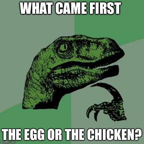 Philosoraptor | WHAT CAME FIRST; THE EGG OR THE CHICKEN? | image tagged in memes,philosoraptor | made w/ Imgflip meme maker