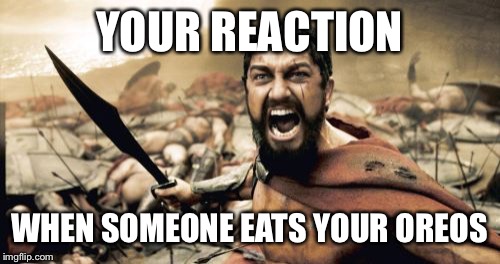 Sparta Leonidas | YOUR REACTION; WHEN SOMEONE EATS YOUR OREOS | image tagged in memes,sparta leonidas | made w/ Imgflip meme maker