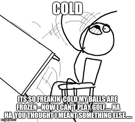 Table Flip Guy | COLD; ITS SO FREAKIN' COLD MY BALLS ARE FROZEN - NOW I CAN'T PLAY GOLF.... HA HA  YOU THOUGHT I MEANT SOMETHING ELSE .... | image tagged in memes,table flip guy | made w/ Imgflip meme maker