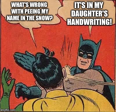 Old joke, but funny :-)   thank you "wakester" for the inspiration  | WHAT'S WRONG WITH PEEING MY NAME IN THE SNOW? IT'S IN MY DAUGHTER'S HANDWRITING! | image tagged in memes,batman slapping robin | made w/ Imgflip meme maker