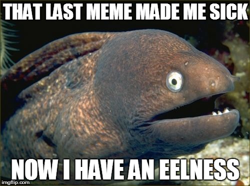 Bad Joke Eel | THAT LAST MEME MADE ME SICK; NOW I HAVE AN EELNESS | image tagged in memes,bad joke eel | made w/ Imgflip meme maker