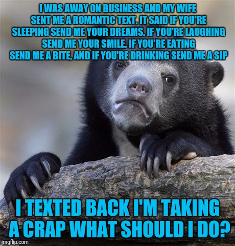 Confession Bear Meme | I WAS AWAY ON BUSINESS AND MY WIFE SENT ME A ROMANTIC TEXT. IT SAID IF YOU'RE SLEEPING SEND ME YOUR DREAMS. IF YOU'RE LAUGHING SEND ME YOUR SMILE. IF YOU'RE EATING SEND ME A BITE, AND IF YOU'RE DRINKING SEND ME A SIP; I TEXTED BACK I'M TAKING A CRAP WHAT SHOULD I DO? | image tagged in memes,confession bear | made w/ Imgflip meme maker