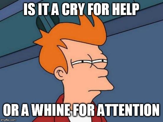Futurama Fry Meme | IS IT A CRY FOR HELP OR A WHINE FOR ATTENTION | image tagged in memes,futurama fry | made w/ Imgflip meme maker