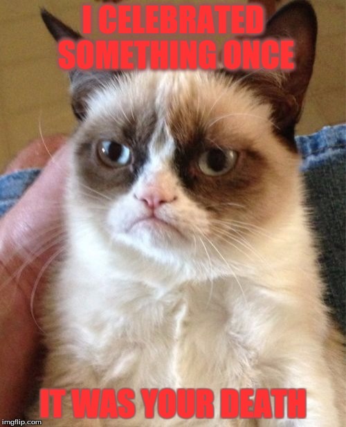 Grumpy Cat Meme | I CELEBRATED SOMETHING ONCE; IT WAS YOUR DEATH | image tagged in memes,grumpy cat | made w/ Imgflip meme maker