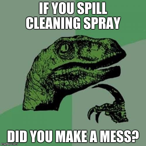 Philosoraptor | IF YOU SPILL CLEANING SPRAY; DID YOU MAKE A MESS? | image tagged in memes,philosoraptor | made w/ Imgflip meme maker