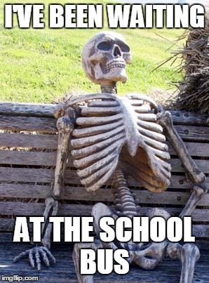 Waiting Skeleton | I'VE BEEN WAITING; AT THE SCHOOL BUS | image tagged in memes,waiting skeleton | made w/ Imgflip meme maker