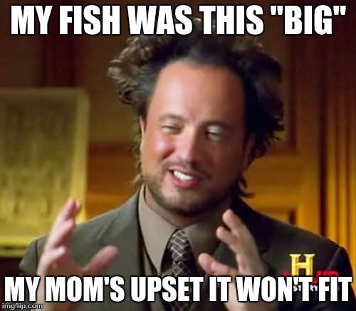 Ancient Aliens Meme | MY FISH WAS THIS "BIG"; MY MOM'S UPSET IT WON'T FIT | image tagged in memes,ancient aliens | made w/ Imgflip meme maker