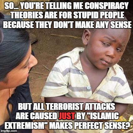 Third World Skeptical Kid Meme | SO... YOU'RE TELLING ME CONSPIRACY THEORIES ARE FOR STUPID PEOPLE BECAUSE THEY DON'T MAKE ANY SENSE; BUT ALL TERRORIST ATTACKS ARE CAUSED JUST BY "ISLAMIC EXTREMISM" MAKES PERFECT SENSE? JUST | image tagged in memes,third world skeptical kid,islam,terrorist,conspiracy theory,conspiracy theories | made w/ Imgflip meme maker