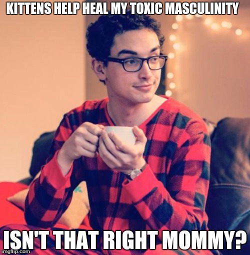 Pajama boy | KITTENS HELP HEAL MY TOXIC MASCULINITY; ISN'T THAT RIGHT MOMMY? | image tagged in pajama boy,toxic masculinity,mysogyny,feminist | made w/ Imgflip meme maker