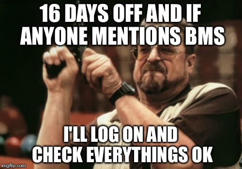 Am I The Only One Around Here | 16 DAYS OFF AND IF ANYONE MENTIONS BMS; I'LL LOG ON AND CHECK EVERYTHINGS OK | image tagged in memes,am i the only one around here | made w/ Imgflip meme maker