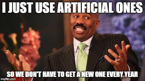 Steve Harvey Meme | I JUST USE ARTIFICIAL ONES SO WE DON'T HAVE TO GET A NEW ONE EVERY YEAR | image tagged in memes,steve harvey | made w/ Imgflip meme maker