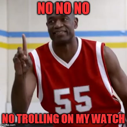 Dikembe Mutombo - No No No | NO NO NO; NO TROLLING ON MY WATCH | image tagged in dikembe mutombo - no no no | made w/ Imgflip meme maker