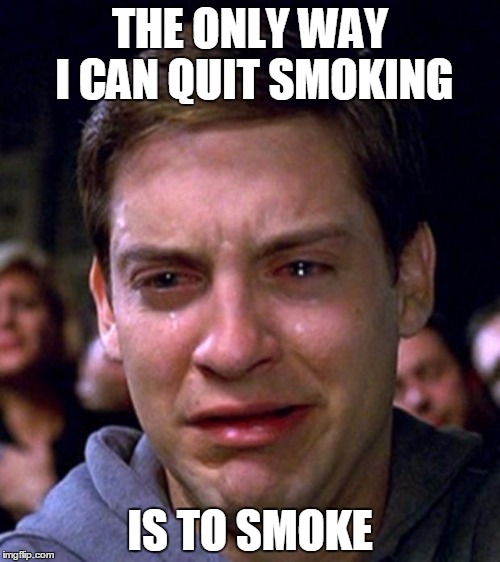 crying peter parker | THE ONLY WAY I CAN QUIT SMOKING; IS TO SMOKE | image tagged in crying peter parker | made w/ Imgflip meme maker