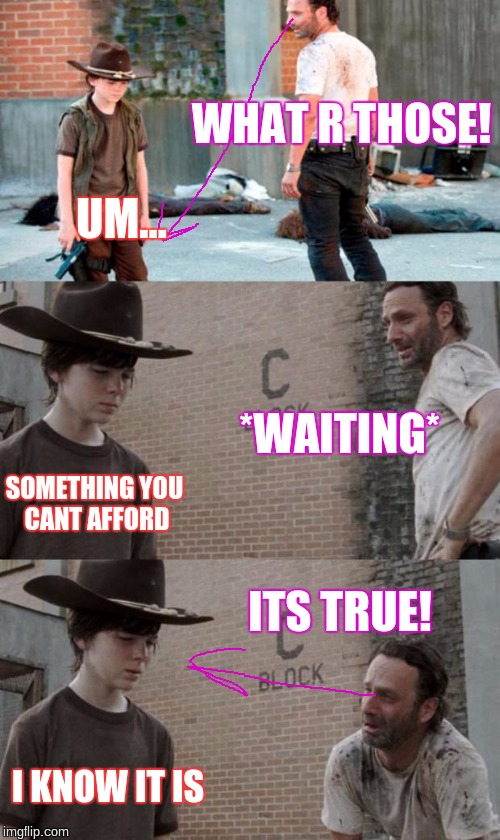 Rick and Carl 3 Meme | WHAT R THOSE! UM... *WAITING*; SOMETHING YOU CANT AFFORD; ITS TRUE! I KNOW IT IS | image tagged in memes,rick and carl 3 | made w/ Imgflip meme maker