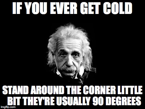 Albert Einstein 1 | IF YOU EVER GET COLD; STAND AROUND THE CORNER LITTLE  BIT THEY'RE USUALLY 90 DEGREES | image tagged in memes,albert einstein 1 | made w/ Imgflip meme maker