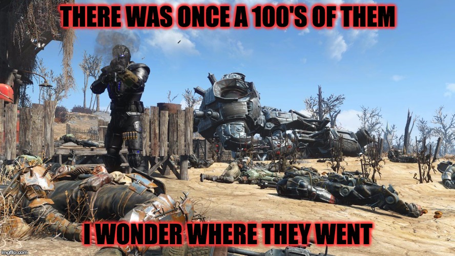 Fallout 4 | THERE WAS ONCE A 100'S OF THEM; I WONDER WHERE THEY WENT | image tagged in fallout 4 | made w/ Imgflip meme maker