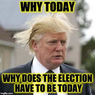 Donald Trump | WHY TODAY; WHY DOES THE ELECTION HAVE TO BE TODAY | image tagged in donald trump | made w/ Imgflip meme maker