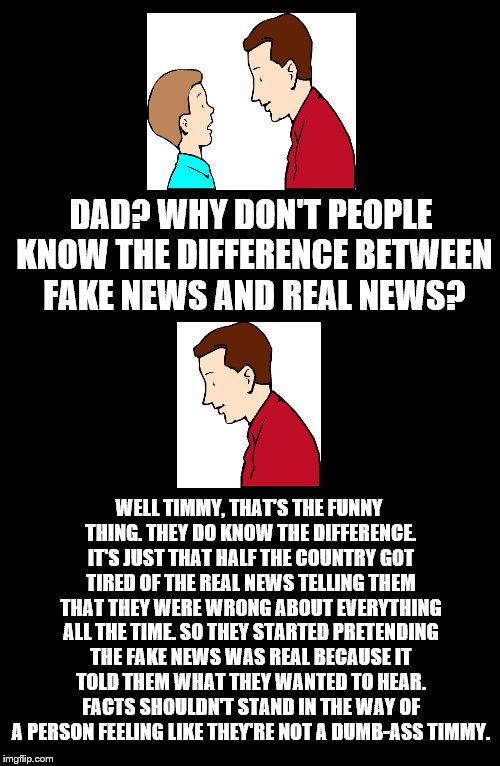 Father To Son. #14 | DAD? WHY DON'T PEOPLE KNOW THE DIFFERENCE BETWEEN FAKE NEWS AND REAL NEWS? WELL TIMMY, THAT'S THE FUNNY THING. THEY DO KNOW THE DIFFERENCE. IT'S JUST THAT HALF THE COUNTRY GOT TIRED OF THE REAL NEWS TELLING THEM THAT THEY WERE WRONG ABOUT EVERYTHING ALL THE TIME. SO THEY STARTED PRETENDING THE FAKE NEWS WAS REAL BECAUSE IT TOLD THEM WHAT THEY WANTED TO HEAR. FACTS SHOULDN'T STAND IN THE WAY OF A PERSON FEELING LIKE THEY'RE NOT A DUMB-ASS TIMMY. | image tagged in father to son,timmy,14,fake news,timmy's dad | made w/ Imgflip meme maker