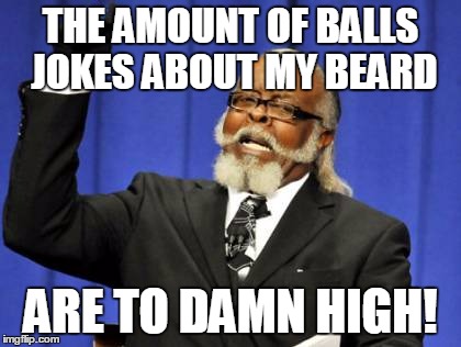 Too Damn High | THE AMOUNT OF BALLS JOKES ABOUT MY BEARD; ARE TO DAMN HIGH! | image tagged in memes,too damn high | made w/ Imgflip meme maker