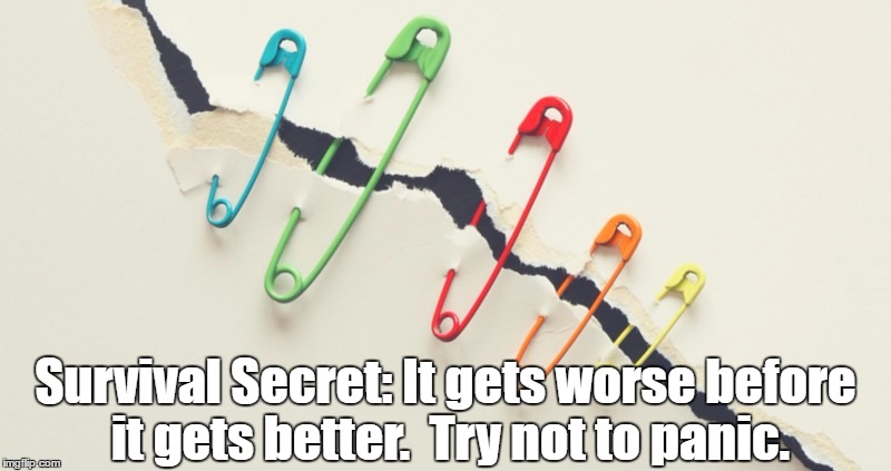 Rainbow Safety Pins | Survival Secret: It gets worse before it gets better.  Try not to panic. | image tagged in survival secret,worse before better,don't panic,damage control | made w/ Imgflip meme maker
