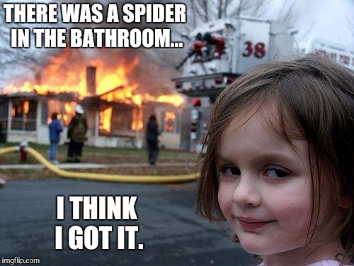 Disaster Girl | THERE WAS A SPIDER IN THE BATHROOM... I THINK I GOT IT. | image tagged in memes,disaster girl | made w/ Imgflip meme maker