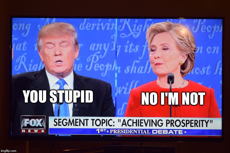 Presidential Debate Idiocy | NO I'M NOT; YOU STUPID | image tagged in presidential debate idiocy | made w/ Imgflip meme maker