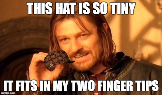 One Does Not Simply | THIS HAT IS SO TINY; IT FITS IN MY TWO FINGER TIPS | image tagged in memes,one does not simply,scumbag | made w/ Imgflip meme maker